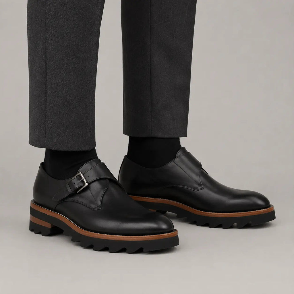 Black Lug Sole Monk Strap Shoes on-foot product photo