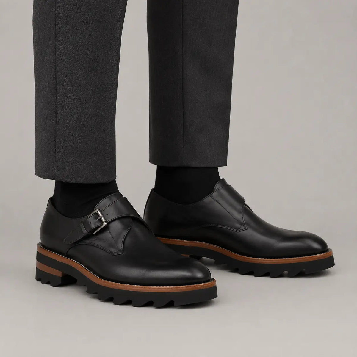 Black Lug Sole Monk Strap Shoes on-foot product photo