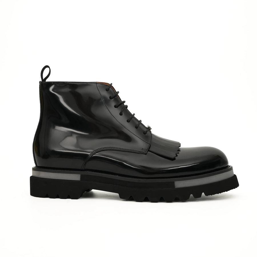 Black Patent Fringe Lug Sole Boots DIVINCH