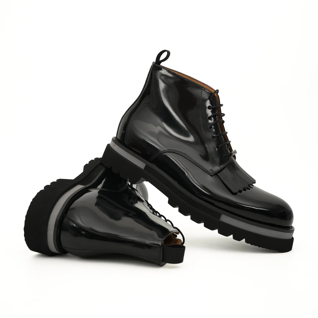 Black Patent Fringe Lug Sole Boots DIVINCH