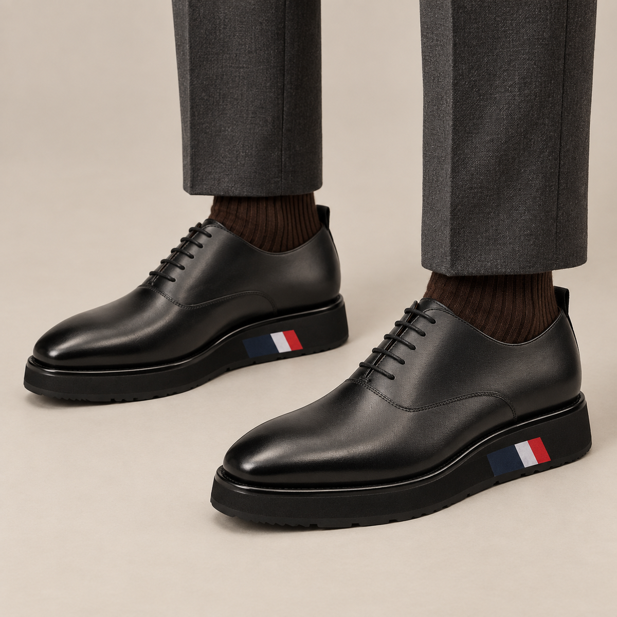 Black platform plain-toe lace-up shoes — user-selected balanced premium on-foot studio view