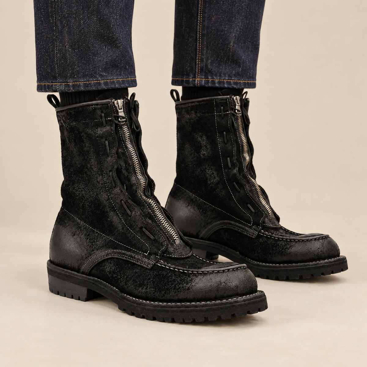 Black Textured Zip Lace Up Boot DIVINCH