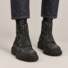 DIVINCH 5101B charcoal black distressed suede front-zip lug-sole ankle boots on foot