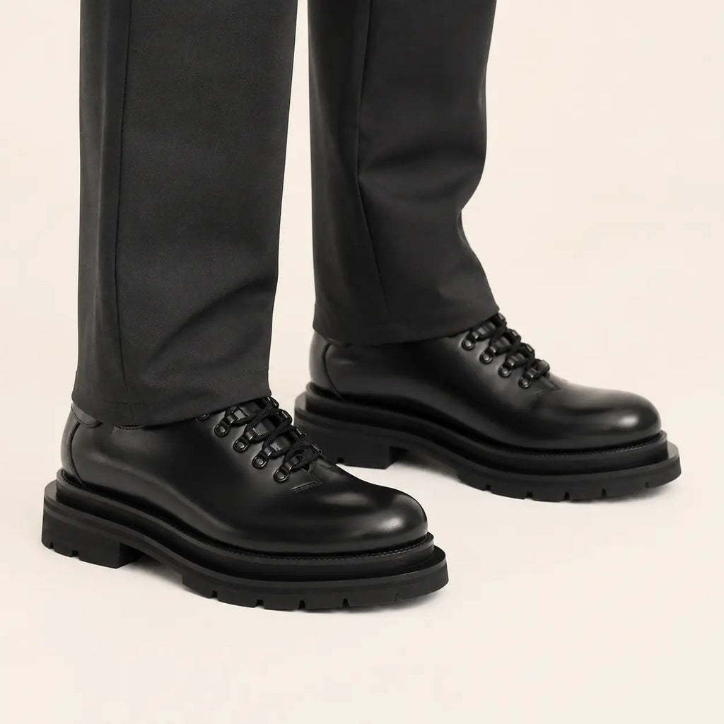 DIVINCH black platform lug derby shoes on foot in warm studio