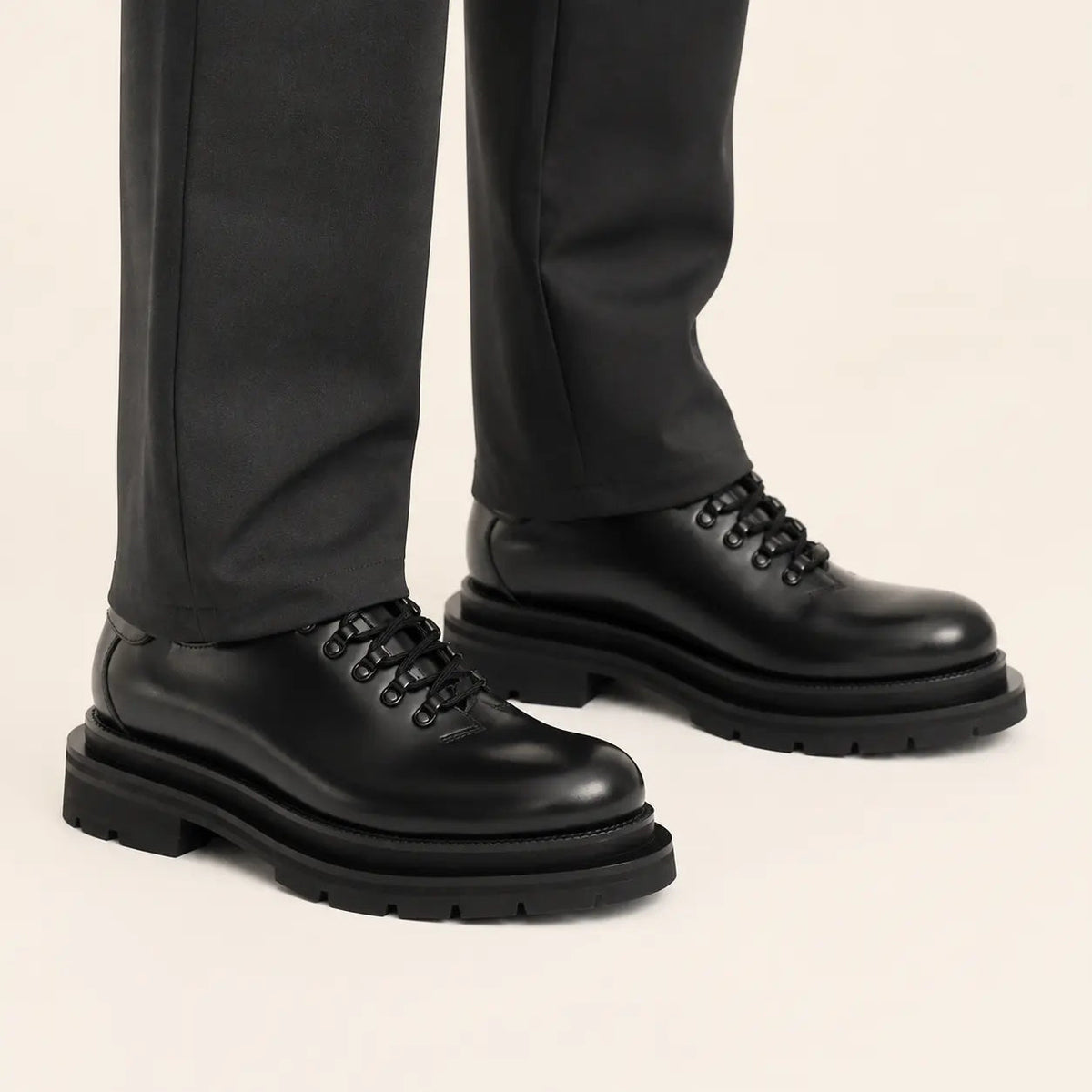DIVINCH black platform lug derby shoes on foot in warm studio
