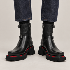 DIVINCH 5038B glossy black double-buckle square-toe platform ankle boots on foot