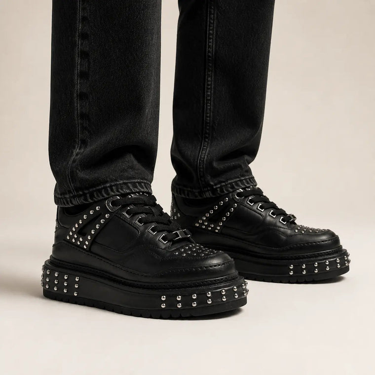 Black Platform Sneaker with Silver-Tone Stud Rows