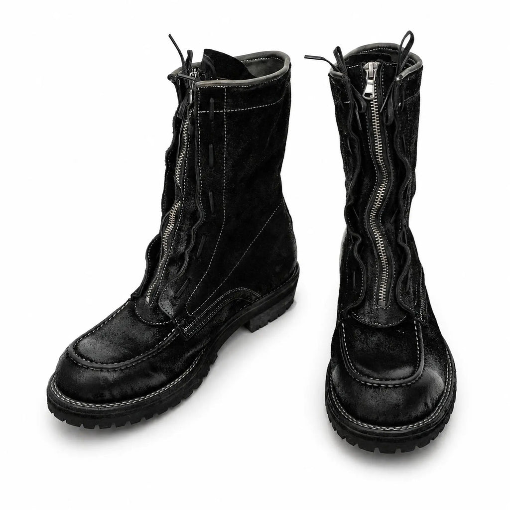 DIVINCH 5001B black textured zip lace-up boots top and front view