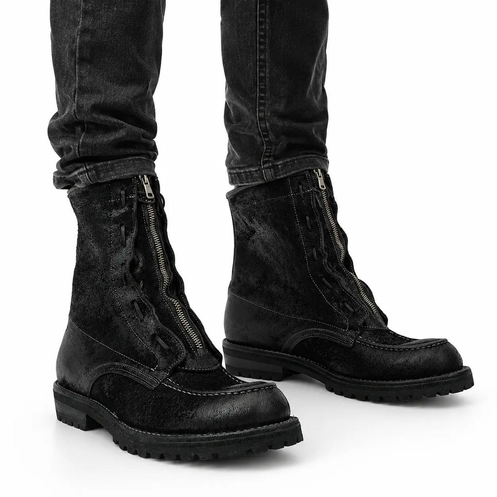 Black Textured Zip Lace-Up Boots DIVINCH