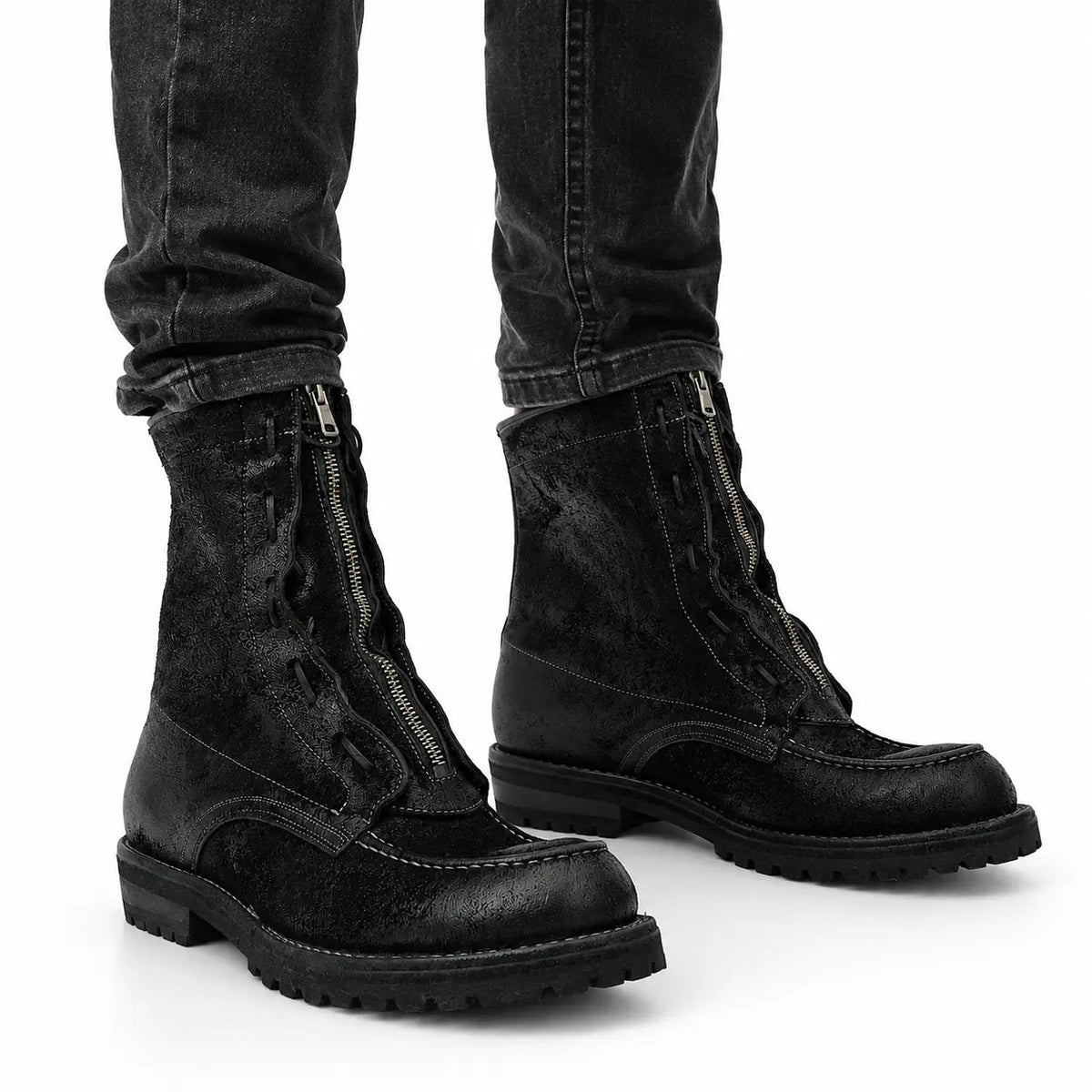 Black Textured Zip Lace-Up Boots DIVINCH