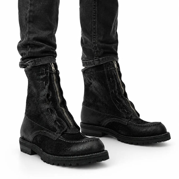 Black Textured Treaded-Sole Plain-Toe Ankle Boot