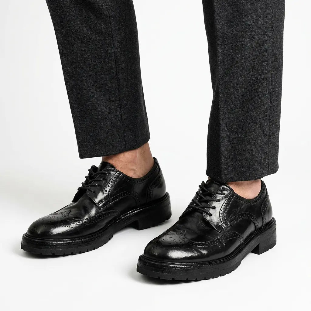 Black Washed Leather Brogue Derby DIVINCH