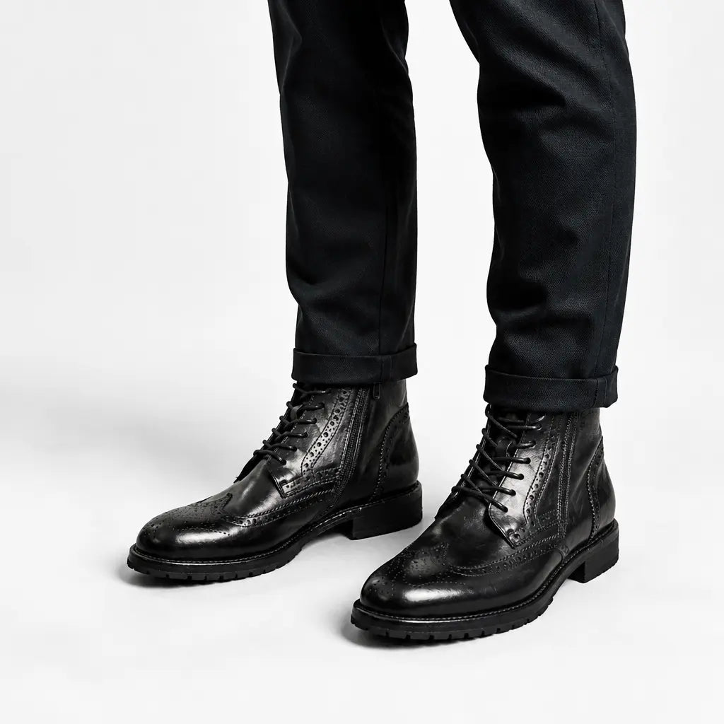 Black Washed Leather Brogue Martin Boot DIVINCH