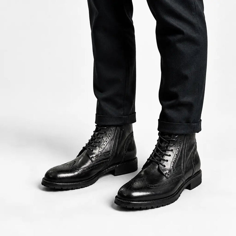 Black Glossy Treaded-Sole Wingtip Ankle Boot