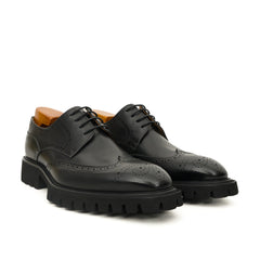 Black Glossy Lug-Sole Wingtip Derby Shoe with Toe Medallion DIVINCH