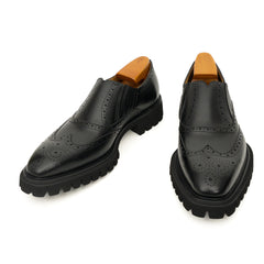 Black Wingtip Brogue Slip-On Shoes with Lug Sole DIVINCH