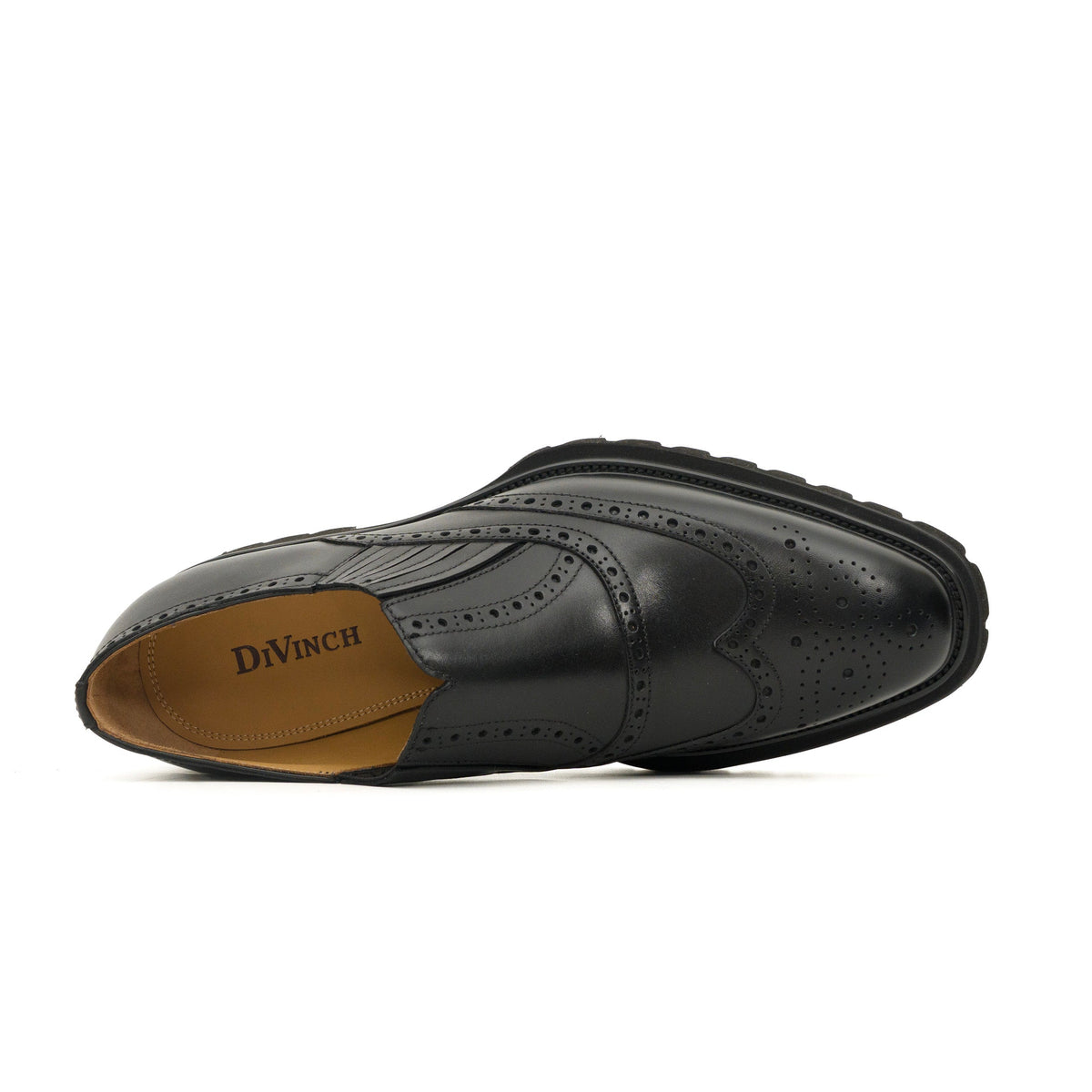 Black Wingtip Brogue Slip-On Shoes with Lug Sole DIVINCH