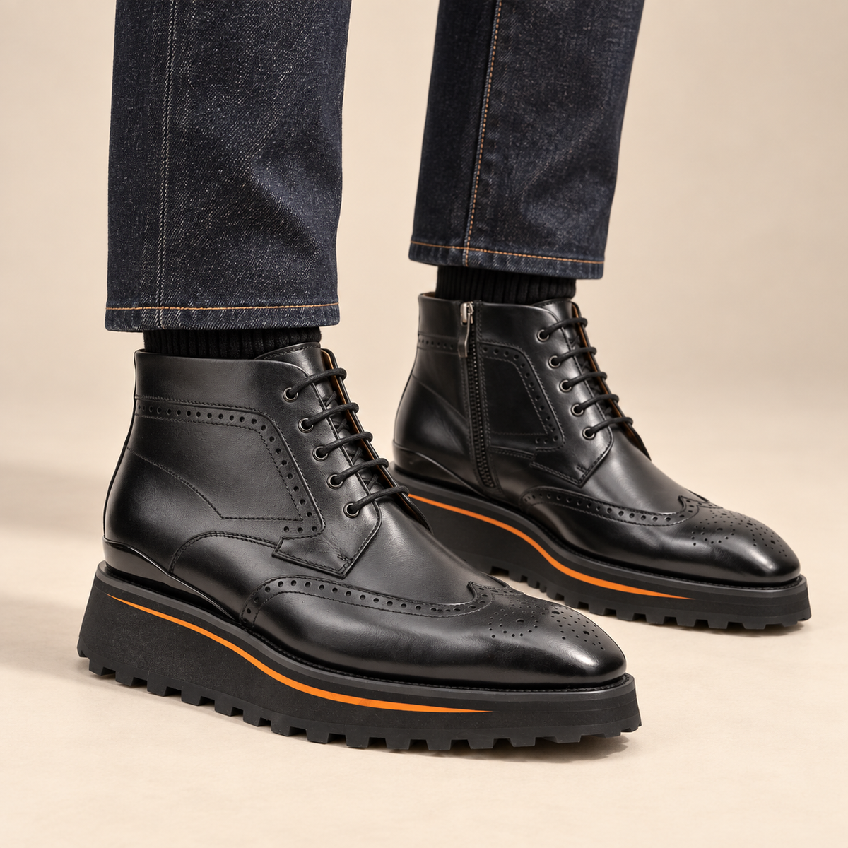 Black wingtip lace-up ankle boots with side zipper on raw indigo denim, DIVINCH 2890B