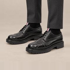 Black Scale-Pattern Wingtip Derby Shoes with Tongue Tab — on-foot studio view