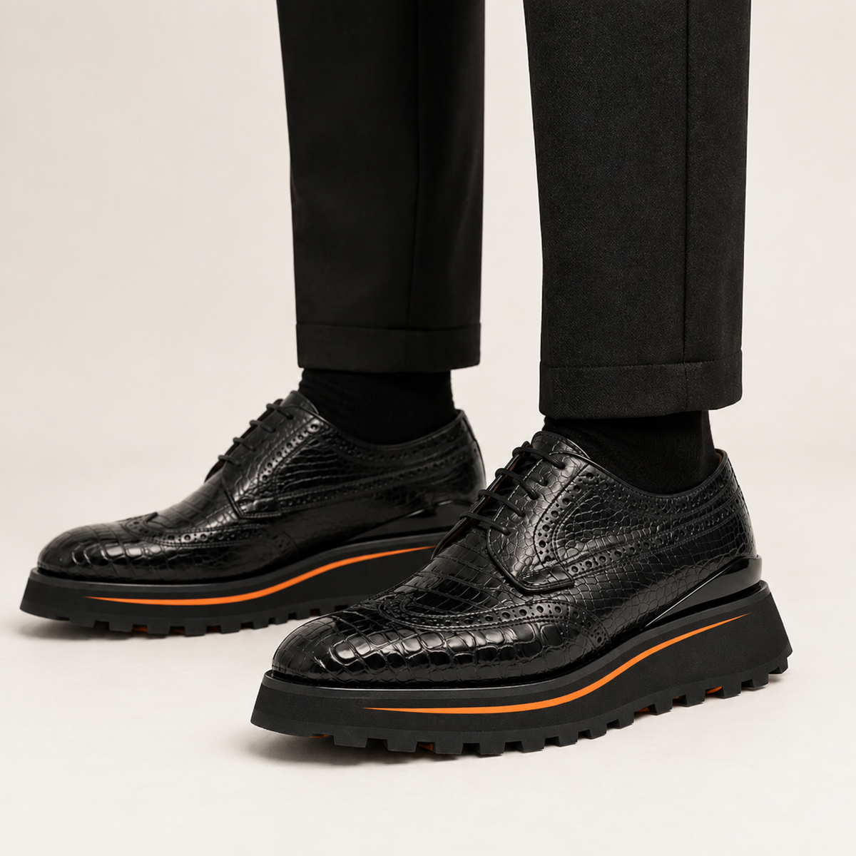 Black Wingtip Crocodile Leather Derby Shoes Divinch