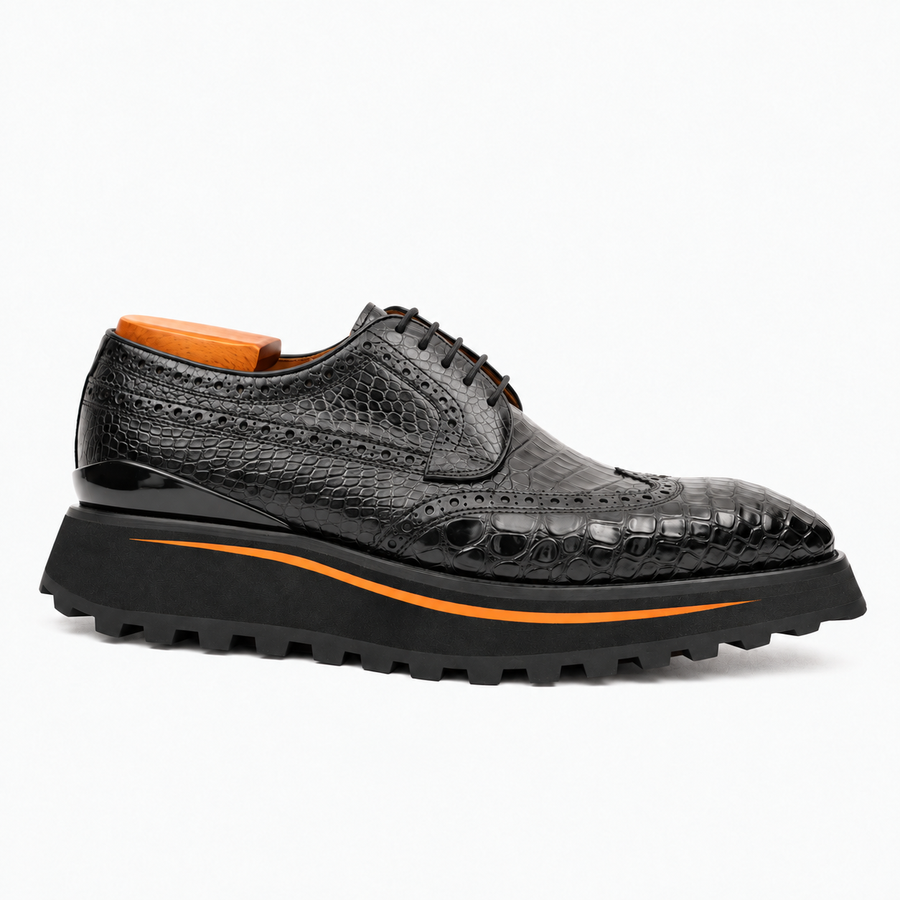 Black Wingtip Crocodile Leather Derby Shoes Divinch