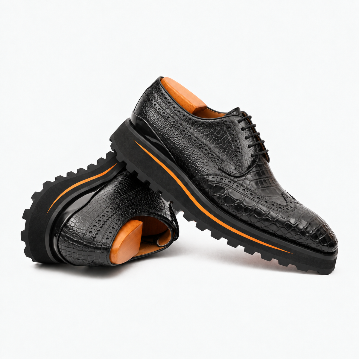 Black Wingtip Crocodile Leather Derby Shoes Divinch