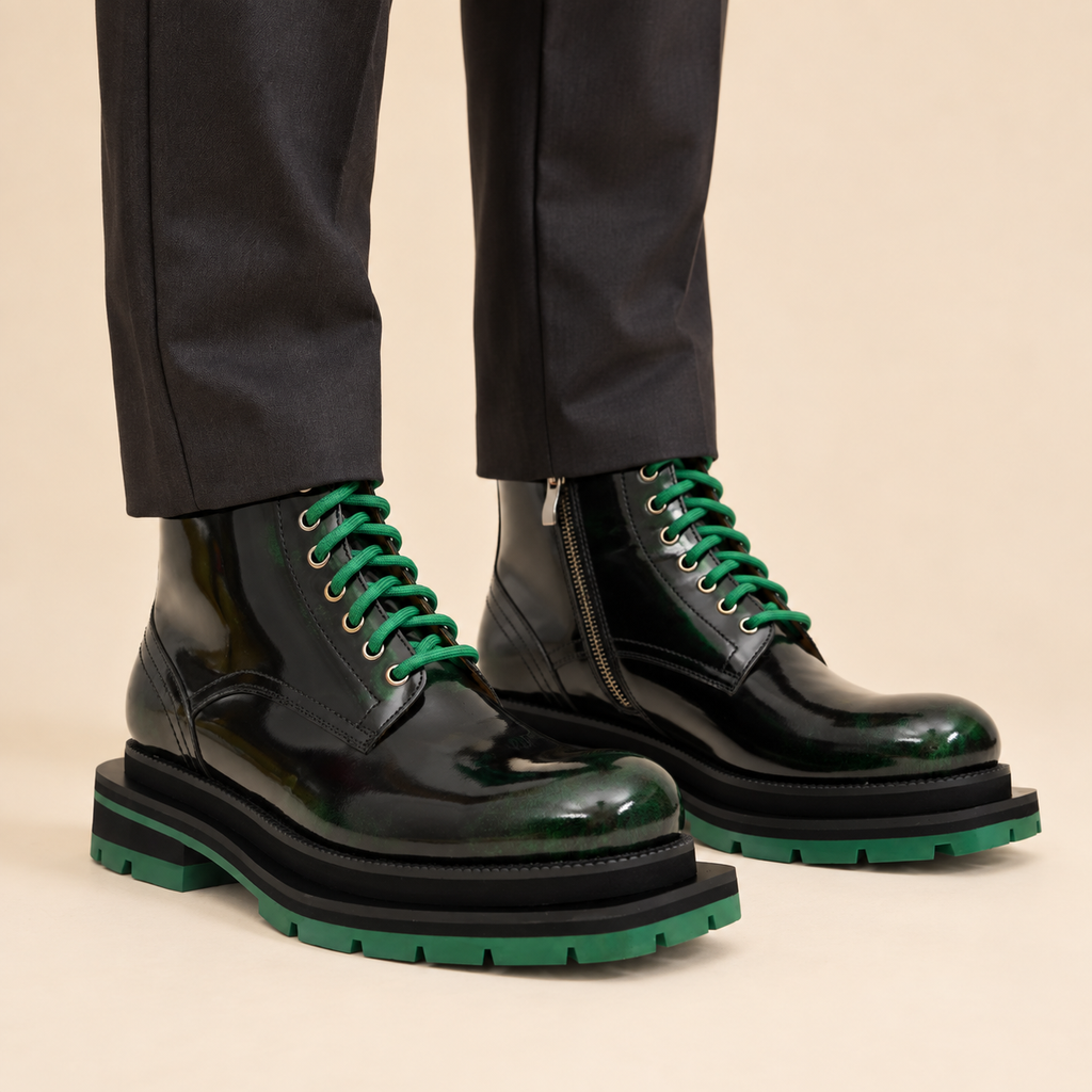 Black and Green Platform Plain-Toe Ankle Boot DIVINCH
