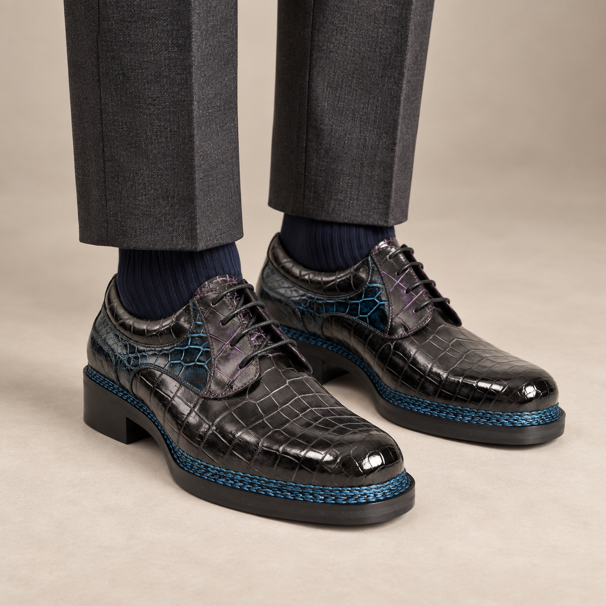 Deep Blue-Black Split Apron-Toe Derby Shoes — DIVINCH 8004