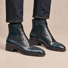 Dark Blue-Black Textured Cap-Toe Ankle Boot — DIVINCH hero image