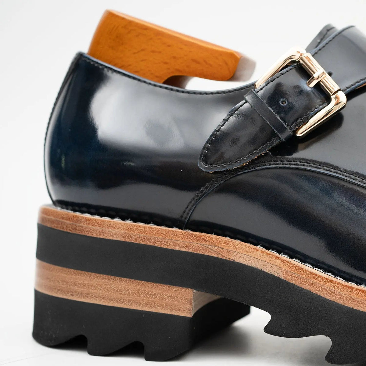 Blue Leather Monk Strap Shoes with Chunky Soles DIVINCH