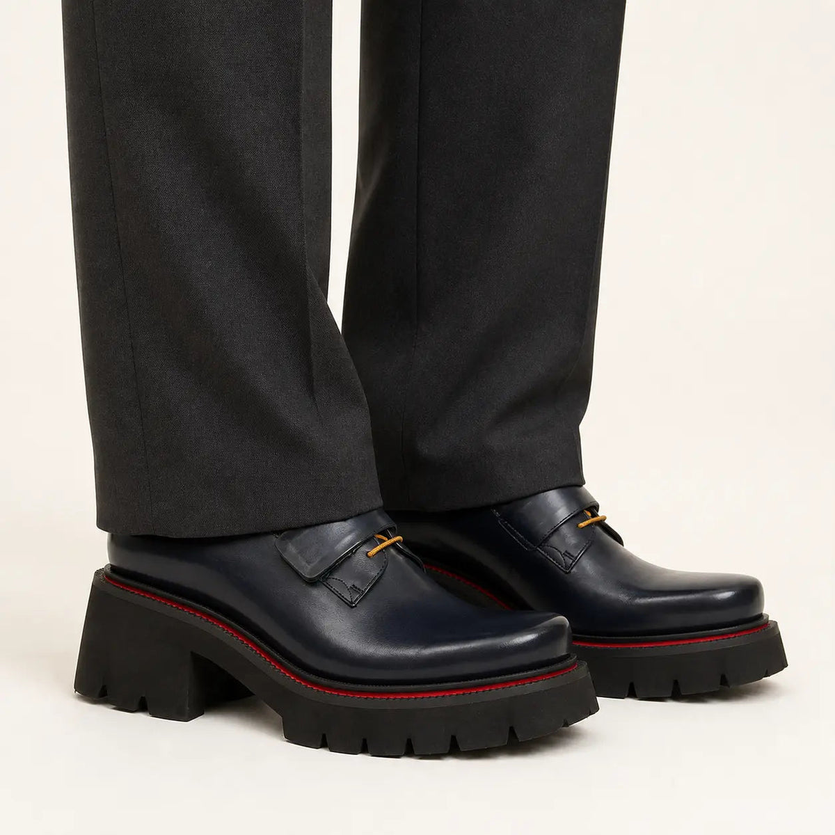 DIVINCH blue platform strap shoes on foot in warm studio