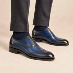 Blue Curved-Seam Oxford Shoes with Perforated Trim