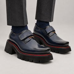 Dark Blue Glossy Platform Squared-Toe Strap Shoe DIVINCH
