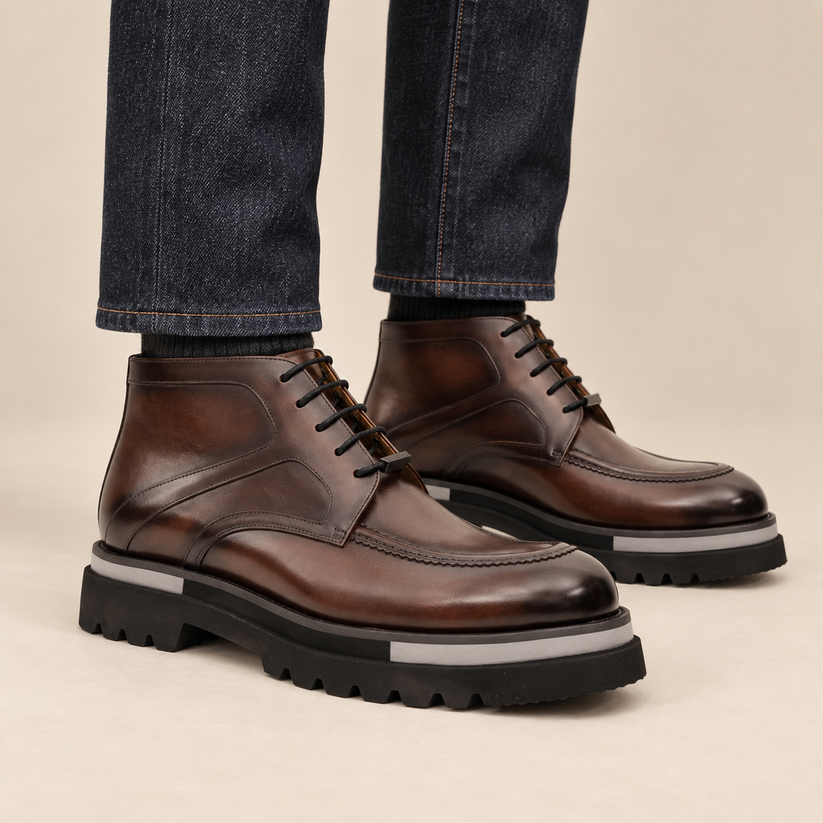 Shaded Brown Glossy Lug Sole Apron Toe Ankle Boot DIVINCH
