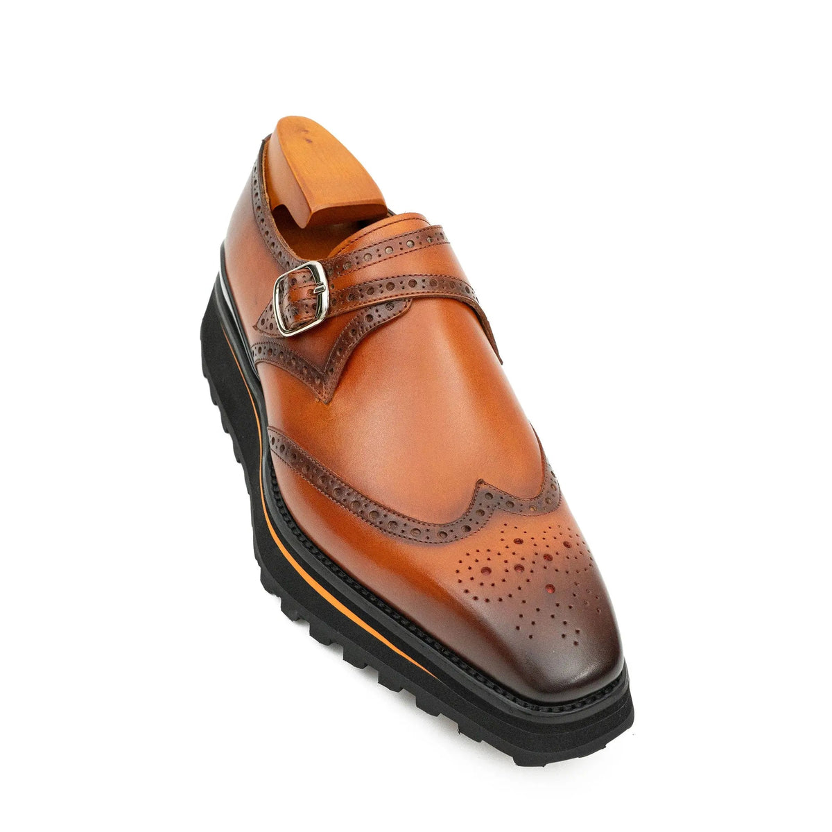 Brown Brogue Monk Shoes With Chunky Sole Divinch