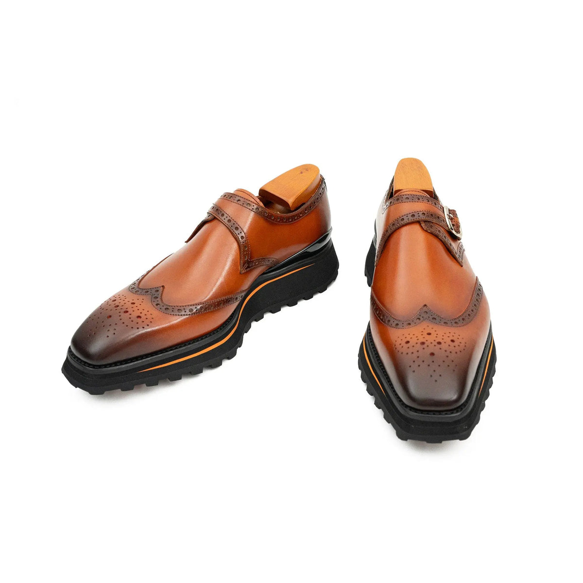 Brown Brogue Monk Shoes With Chunky Sole Divinch