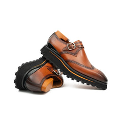 Brown Brogue Monk Shoes With Chunky Sole Divinch