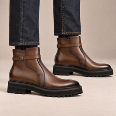 Brown Lug Sole Buckle Strap Ankle Boot — DIVINCH hero image
