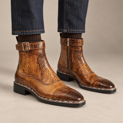 Amber Brown Textured Zip and Buckle Ankle Boot — DIVINCH hero image