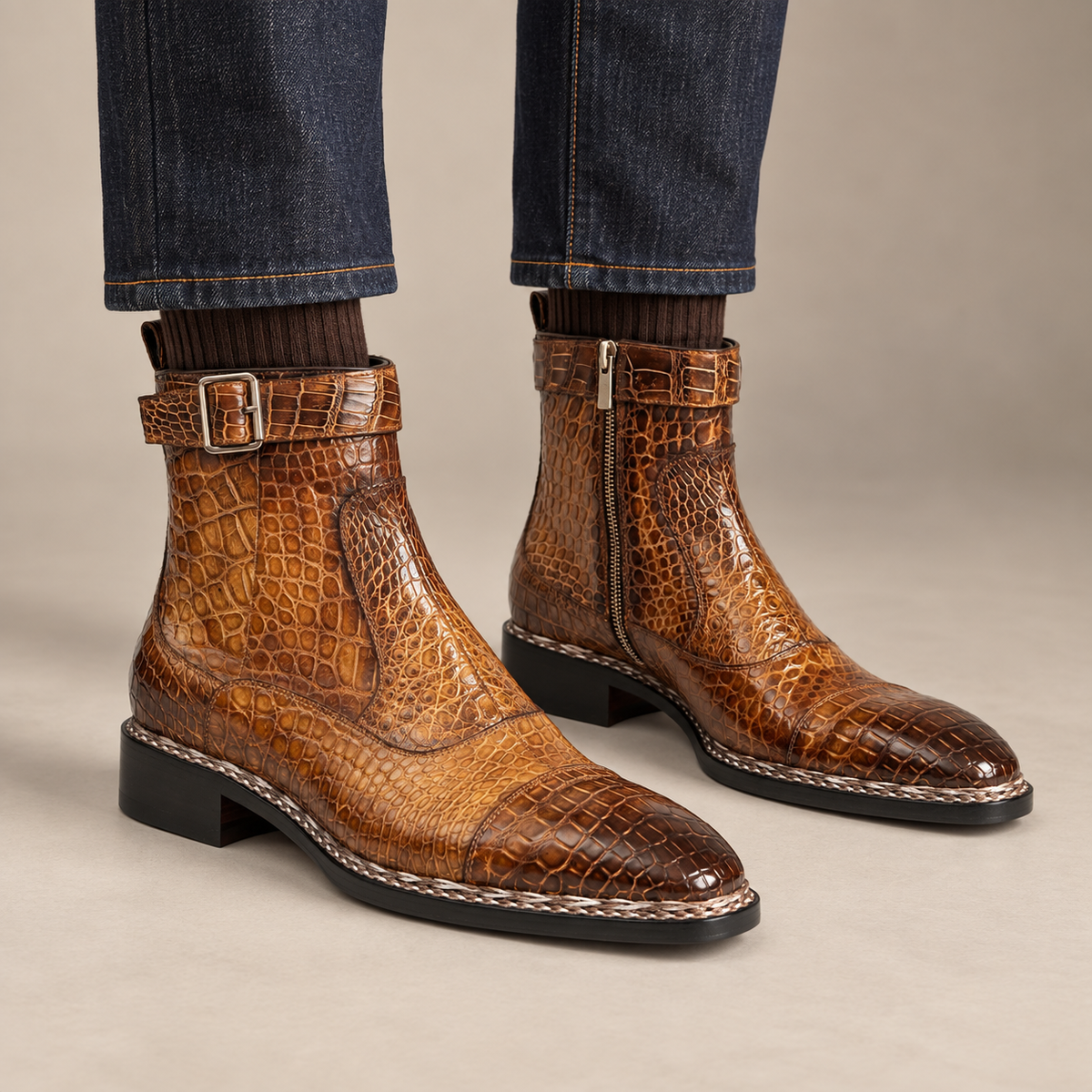Amber Brown Textured Zip and Buckle Ankle Boot — DIVINCH hero image