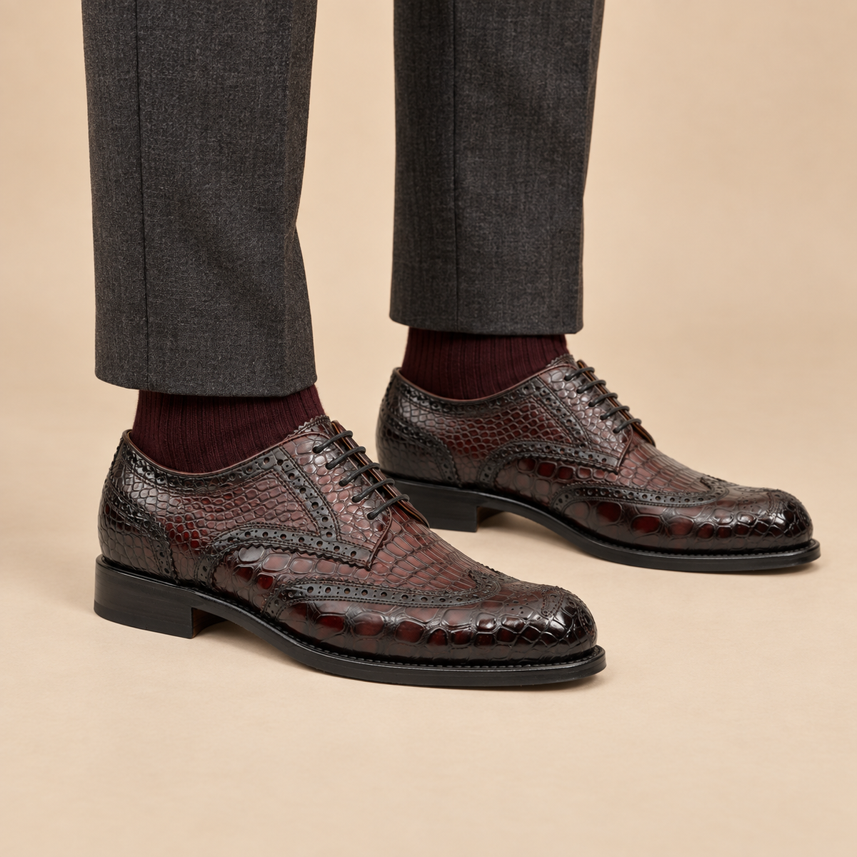 DIVINCH E819 Reddish-Brown Derby Shoes with Mixed-Scale Texture on-foot hero