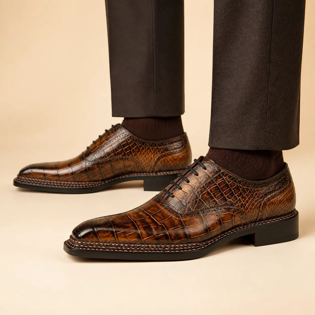 DIVINCH brown embossed Norwegian Oxford shoes worn on foot