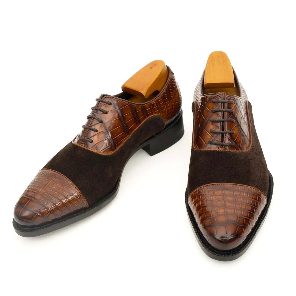 Brown Crocodile & Suede Oxford Shoes DIVINCH