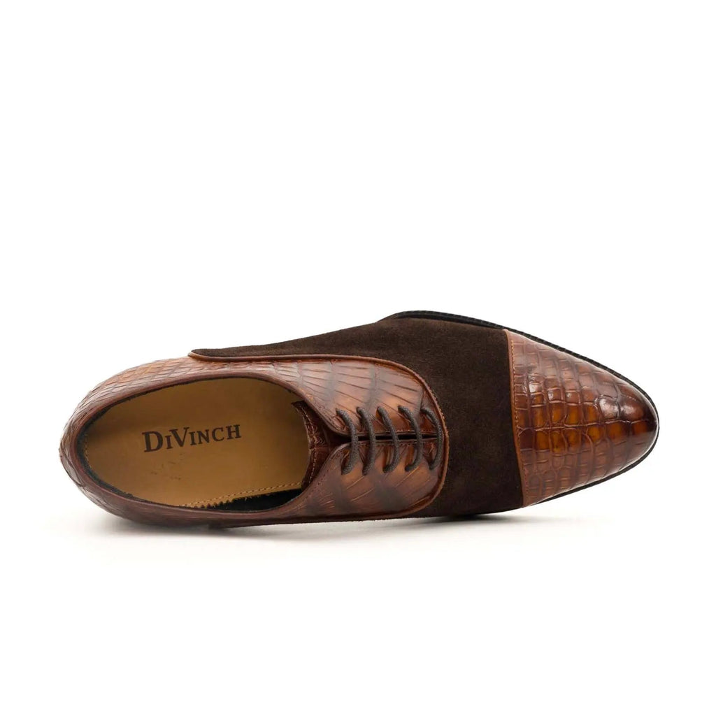 Brown Crocodile & Suede Oxford Shoes DIVINCH