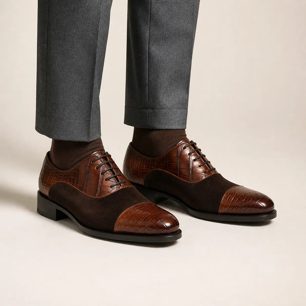 Brown crocodile leather and suede Oxford shoes on-foot studio photo