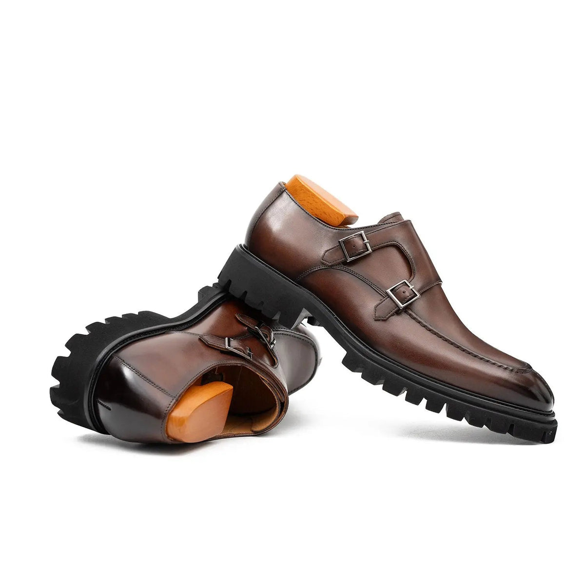 Brown Double Monk Strap Leather Shoes DIVINCH