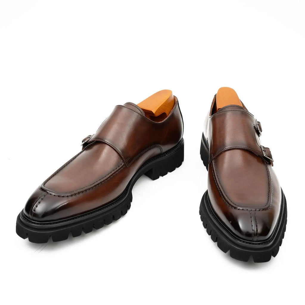 Brown Double Monk Strap Leather Shoes DIVINCH