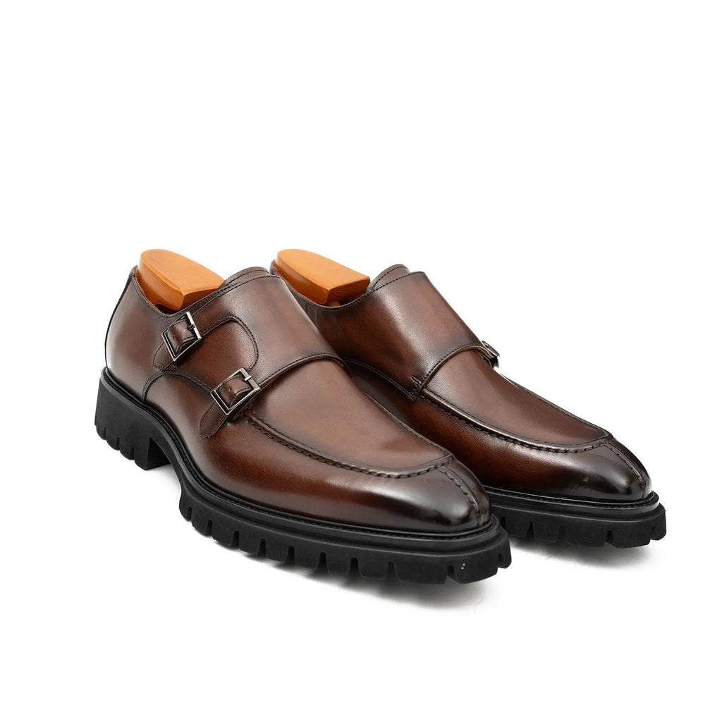 Brown Double Monk Strap Leather Shoes DIVINCH