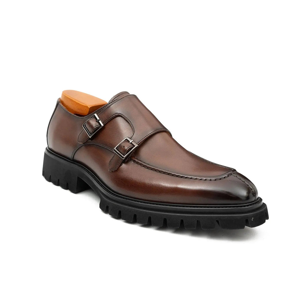 Brown Double Monk Strap Leather Shoes DIVINCH