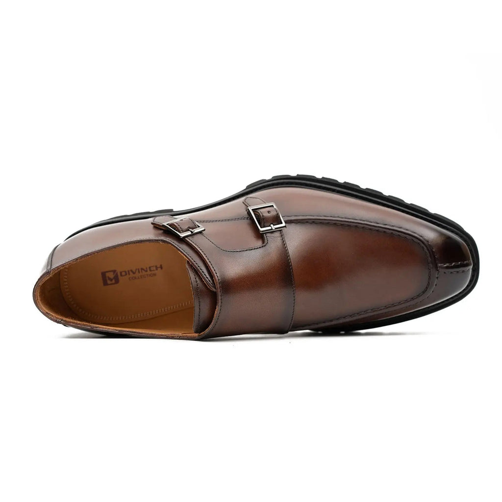 Brown Double Monk Strap Leather Shoes DIVINCH